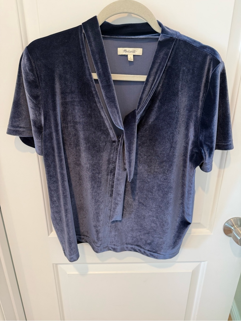 Madewell Navy Velvet Tie-Front Short Sleeve Blouse